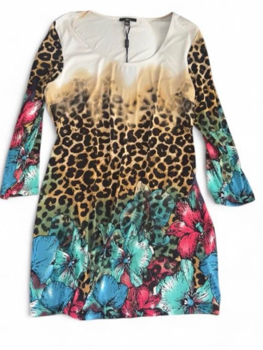 Milano Leopard & Tropical Floral Scoop Neck Shift Dress in Turquoise, Pink, Blue